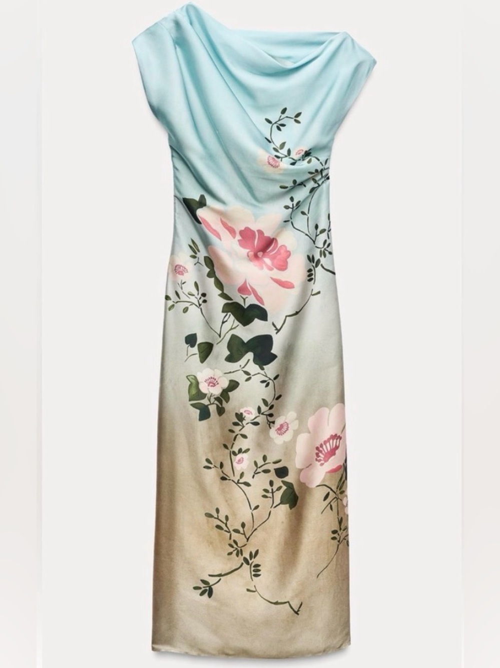 NWT Zara Satin Effect Floral Print Asymmetric Midi Dress Size M